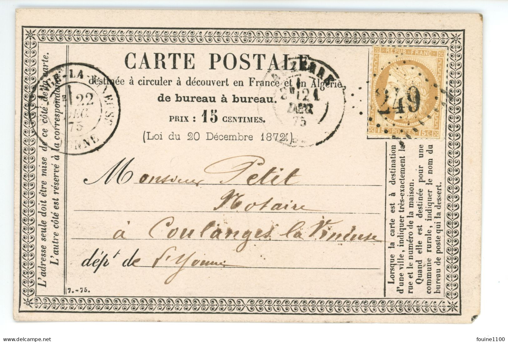 CARTE PRECURSEUR Pour Notaire PETIT à COULANGES LA VINEUSE 89 YONNE De MATRAT Restaurateur Porte Du Temple à AUXERRE - 1849-1876: Klassik