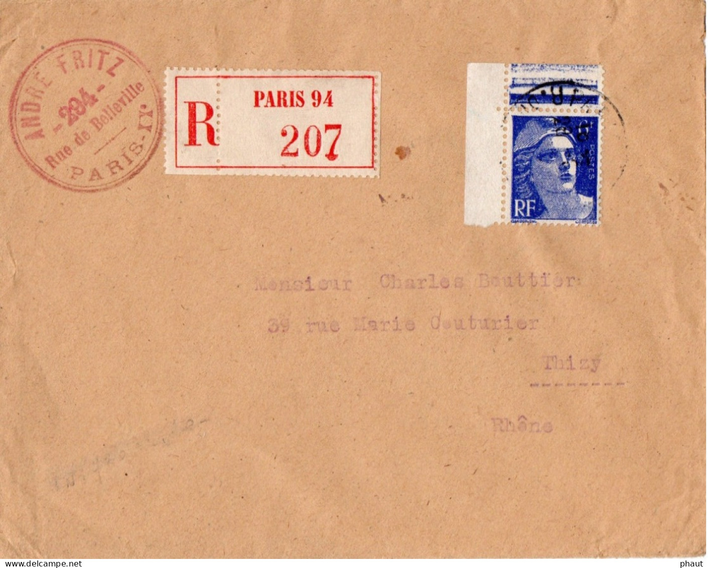 720 GANDON En Coin De Feuille Sur Recommandé - 1921-1960: Modern Tijdperk