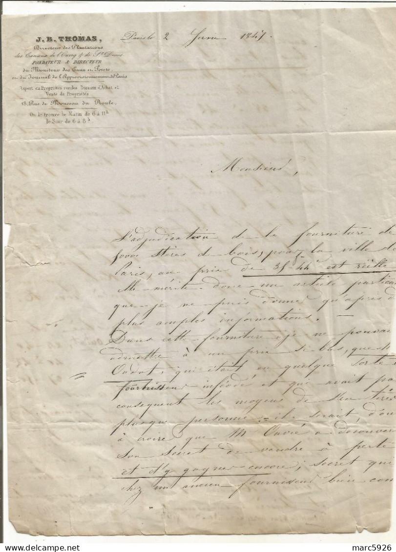 N°1982 ANCIENNE LETTRE DE JB THOMAS A PAILLARD DATE 1847 - Documents Historiques