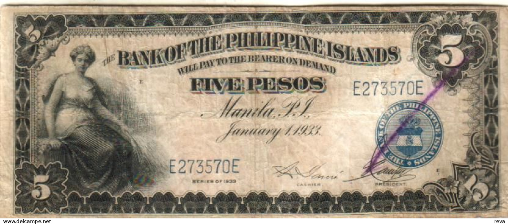 PHILIPPINES USA 5 PESOS BLACK WOMAN FRONT INSCRIPTIONS BACK  DATED 01-01-1933 VF P22 READ DESCRIPTION !! - Filippijnen