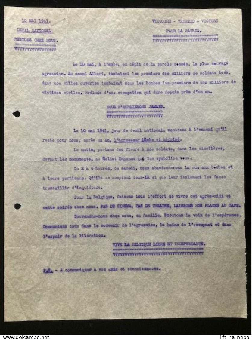 Tract Presse Clandestine Résistance Belge WWII WW2 '10 Mai 1941. Deuil National Restons Chez Nous' - Documenti