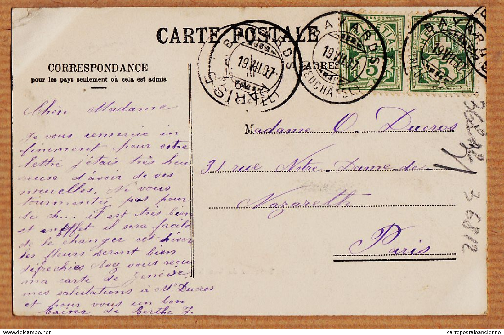 30219 / Schweiz GENEVE Barques Du Lac LEMAN 1907 à OSWALD-DUCROS 31 Rue N.D De Nazareth - JULLIEN J.J 2656 - Other & Unclassified