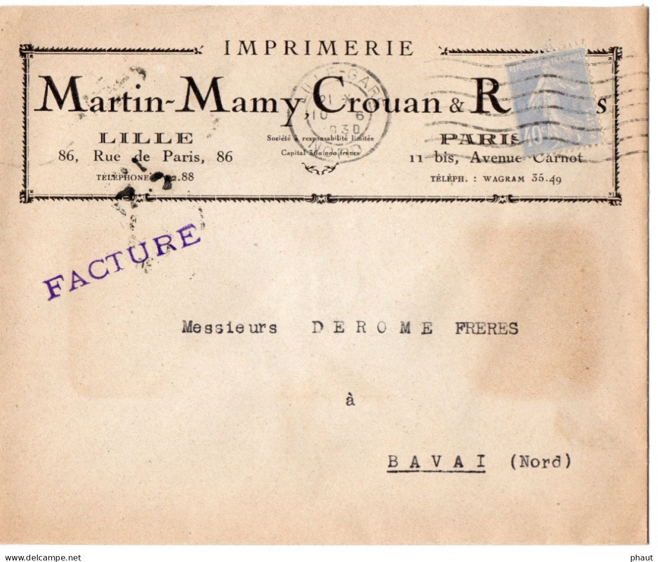 Enveloppe à En-Tête Imprimerie MARTIN-MAMY LILLE PARIS - 1921-1960: Moderne