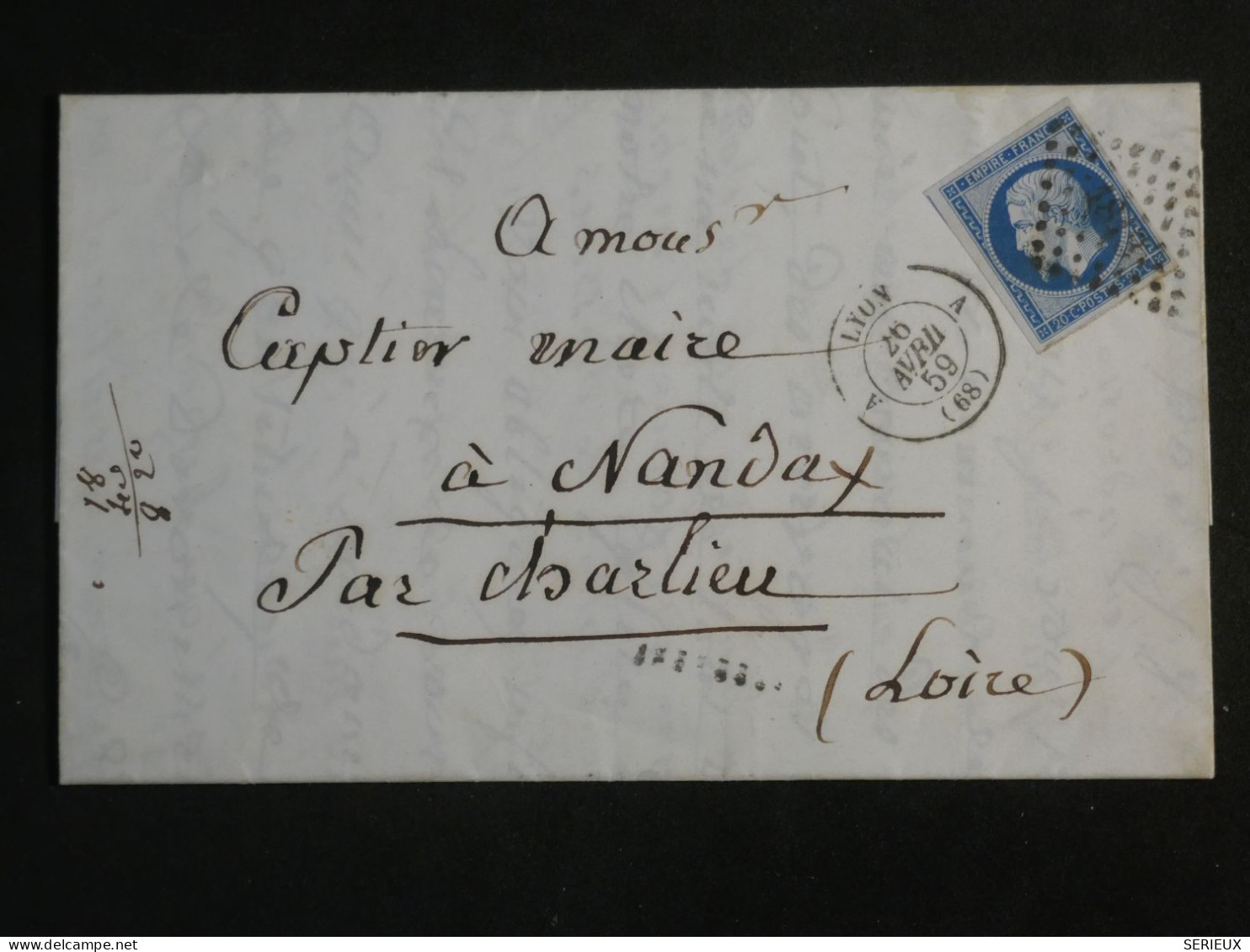 DN14 FRANCE  LETTRE  1859  LYON A NANDAY+N° 14 BELLES MARGES  +AFF. INTERESSANT++ - 1849-1876: Période Classique