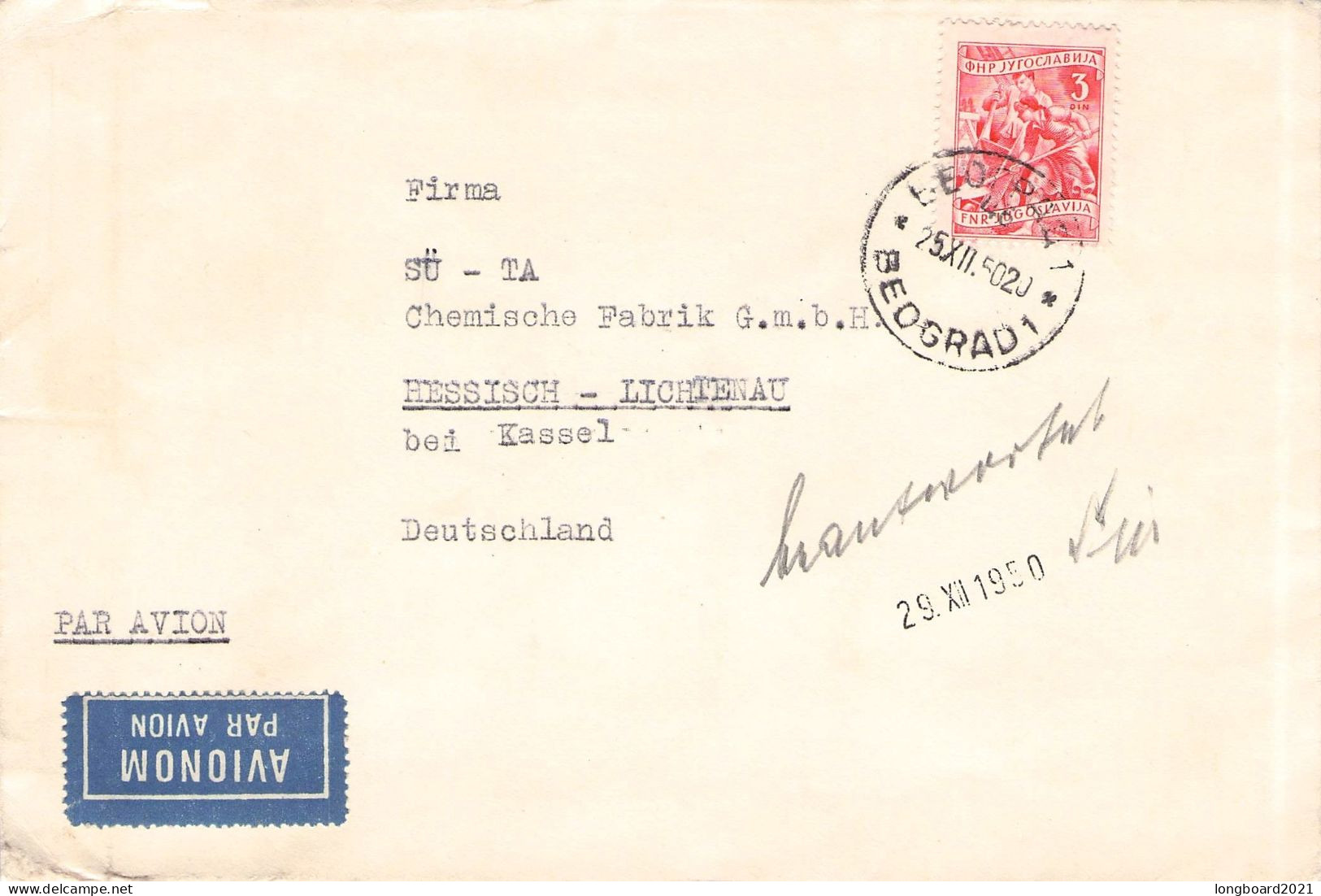 JUGOSLAVIA - AIRMAIL 1950 BEOGRAD - HESSISCH LICHTENAU  / 7016 - Lettres & Documents