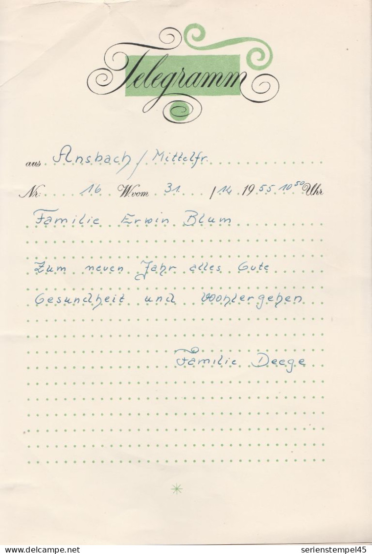 Deutsche Bundespost Schmucktelegramm Aus Ansbach 1955 C 187 LX 16 - Storia Postale