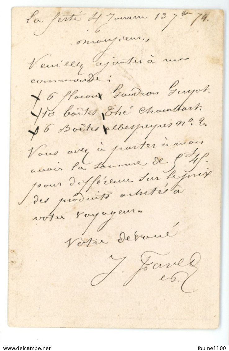 CARTE PRECURSEUR Commande De FAVET De LA FERTE SOUS JOUARRE 77 Pour Darrasse Droguiste à Paris Année 1874 - 1849-1876: Classic Period