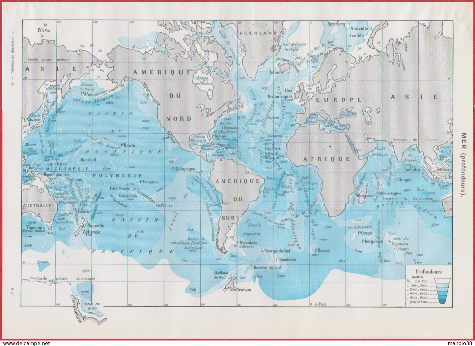 Mer. Carte Des Courants Marins Chauds Et Froids, Limite Des Glaces. Carte Des Profondeurs Des Mers. Larousse 1948. - Historische Dokumente