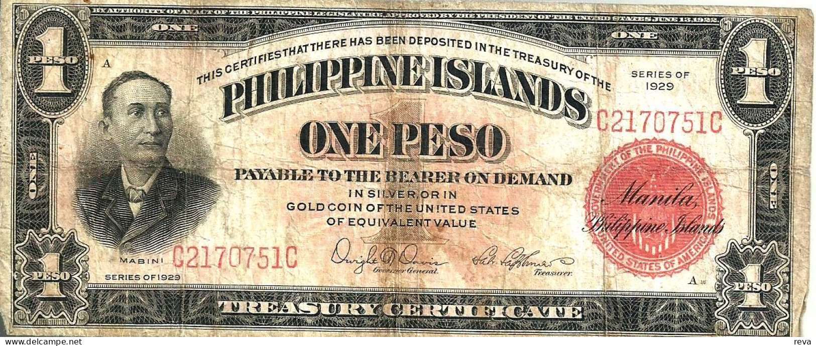 PHILIPPINES USA 1 PESO BLACK MAN FRONT INSCRIPTIONS BACK  DATED SERIES 1929 F P23a READ DESCRIPTION !! - Philippines
