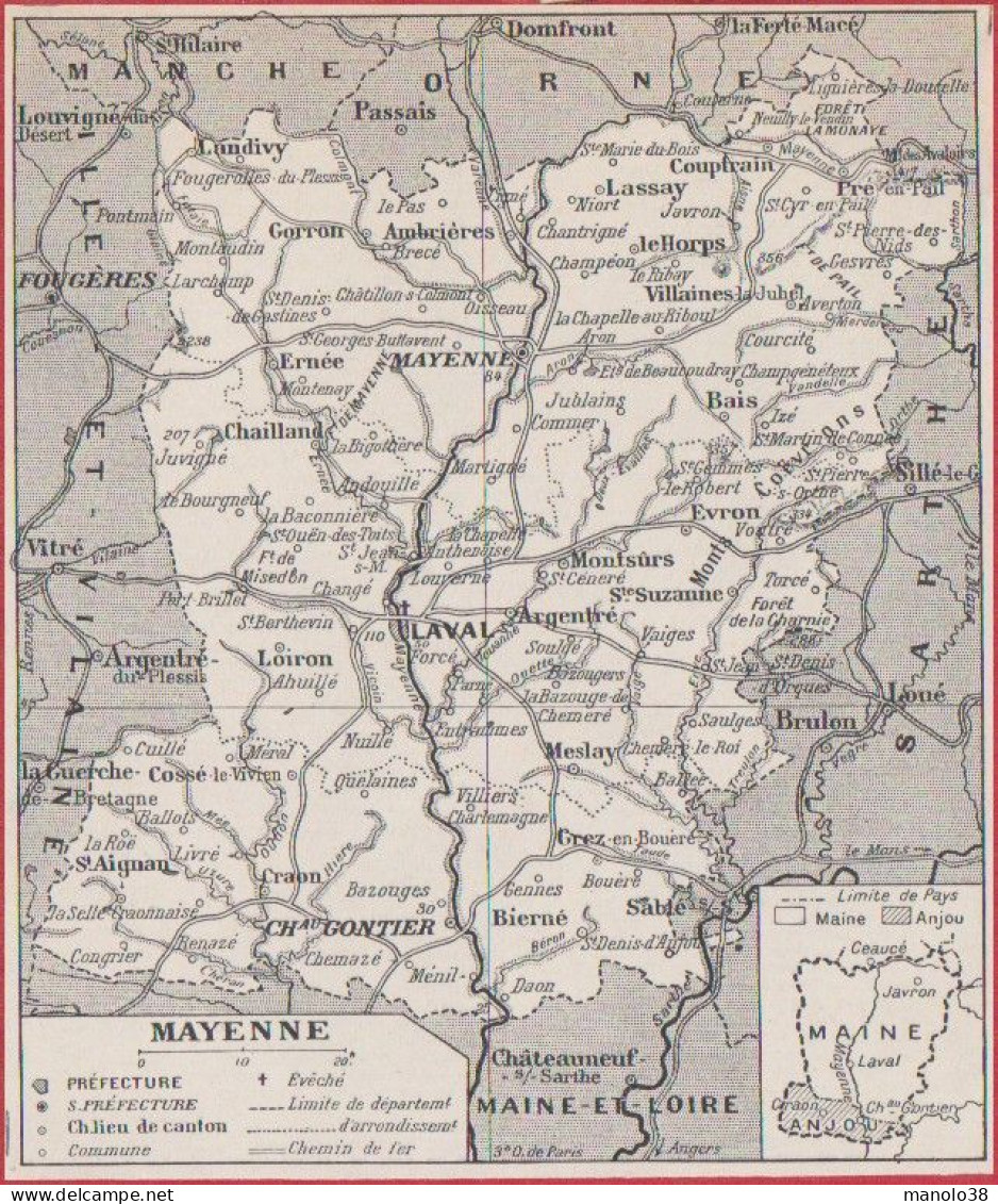 Carte Du Département De La Mayenne (53). Préfecture, Sous Préfecture, Chef Lieu Etc... Chemin De Fer. Larousse 1948. - Historische Dokumente