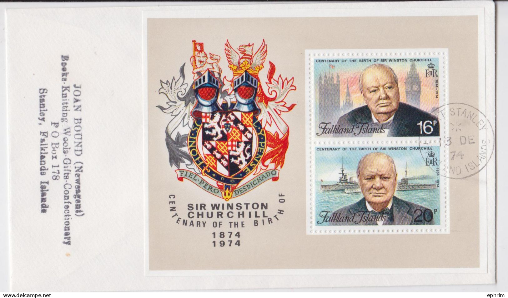 Falkland Islands Lettre Timbre Bloc Winston Churchill Centenary Block Stamp Mail Cover 1974 - Falklandeilanden