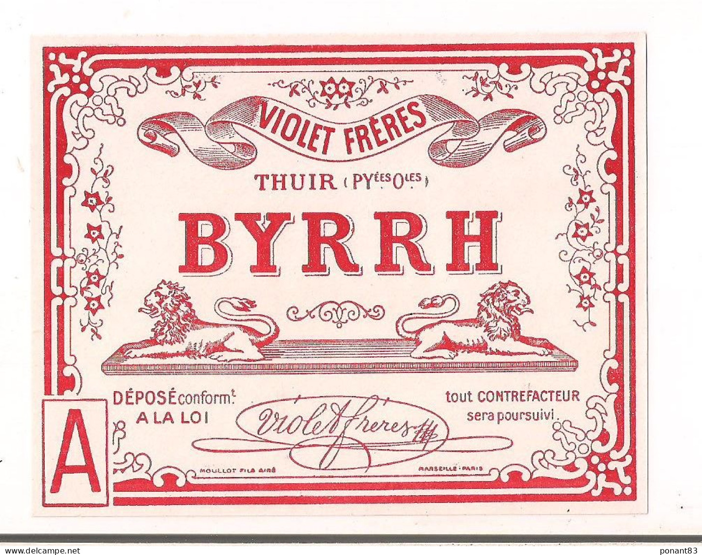 Etiquette BYRRH - Violet Frères à Thuir - Imprimeur Moullot Fils Ainé à Marseille, Paris - - Alcools & Spiritueux