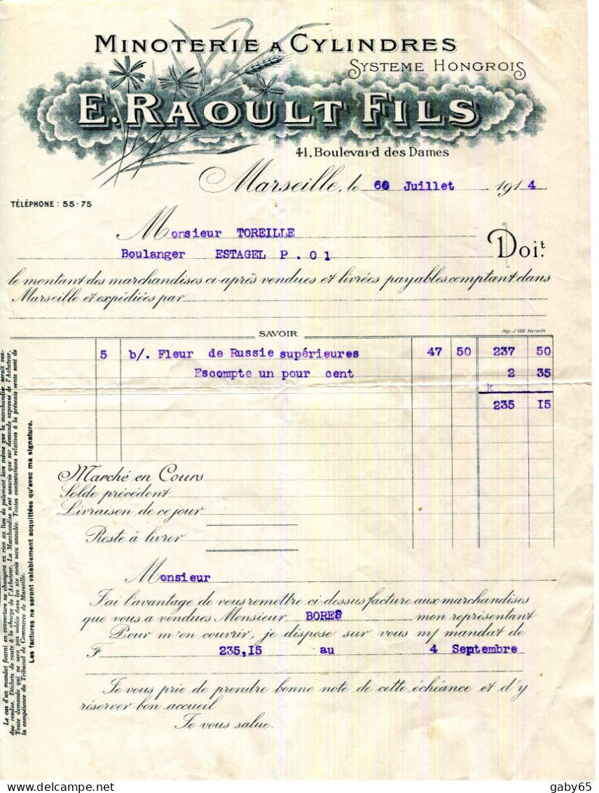 FACTURE.MARSEILLE.MINOTERIE A CYLINDRES SYSTÈME HONGROIS.E.RAOULT FILS 41 BOULEVARD DES DAMES - Autres & Non Classés