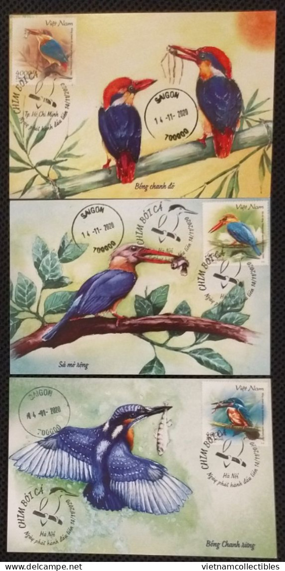 Full Set Of 3 Vietnam Viet Nam Maxi Maxicards 2020 : Kingfisher Bird / Birds / Fish (Ms1135) - Viêt-Nam