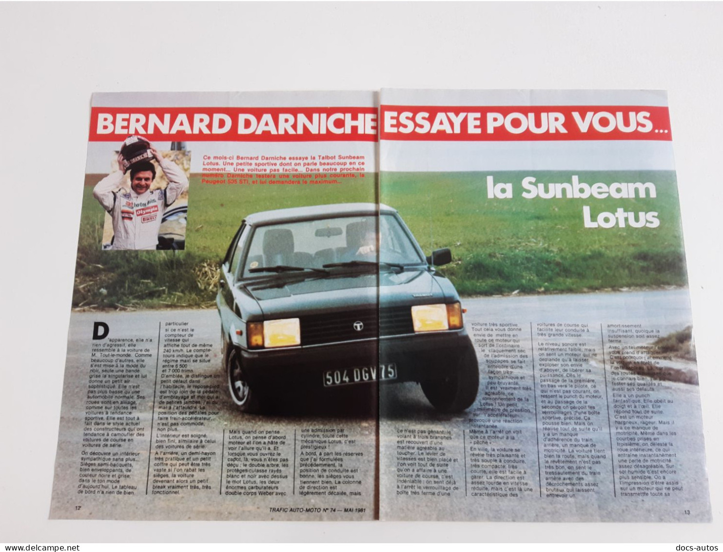 Coupure De Presse Automobile Talbot Sunbeam Lotus - Voitures