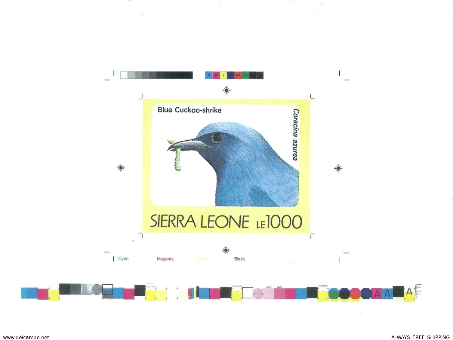 1992 Sierra Leone Animals Birds Raptors Blue Cuckoo Shrike Coracina Azurea - Rare Imperf Proof Essay Trial - Andere & Zonder Classificatie