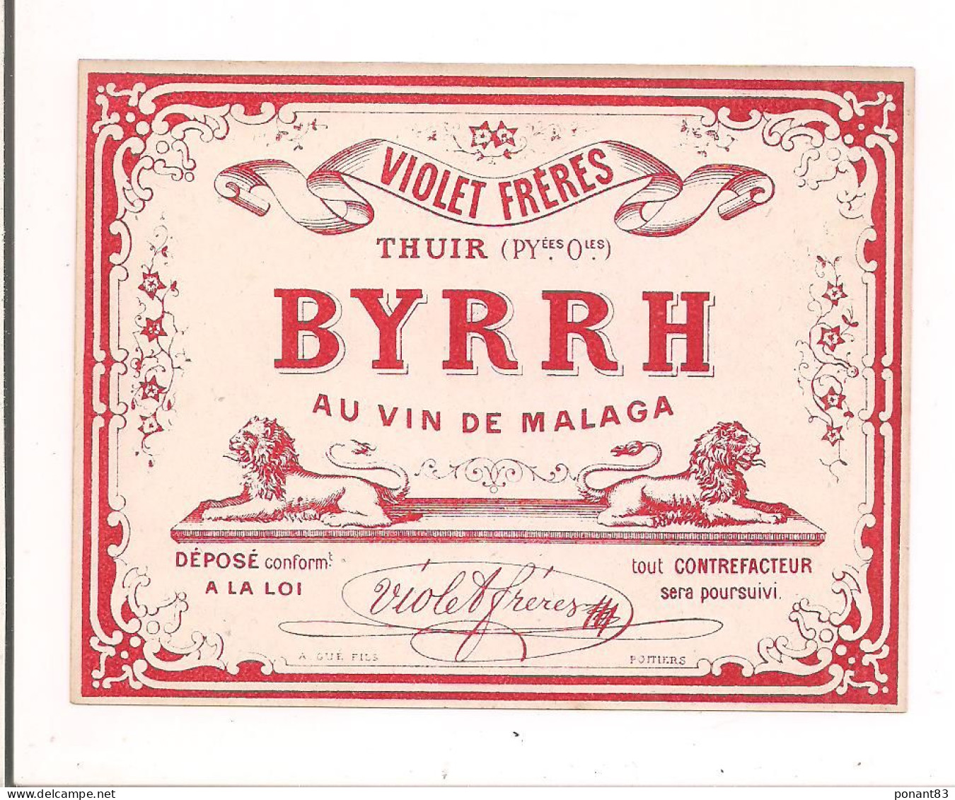 Etiquette BYRRH - Violet Frères à Thuir - Imprimeur A.Gué Fils à Poitiers - - Alcoli E Liquori