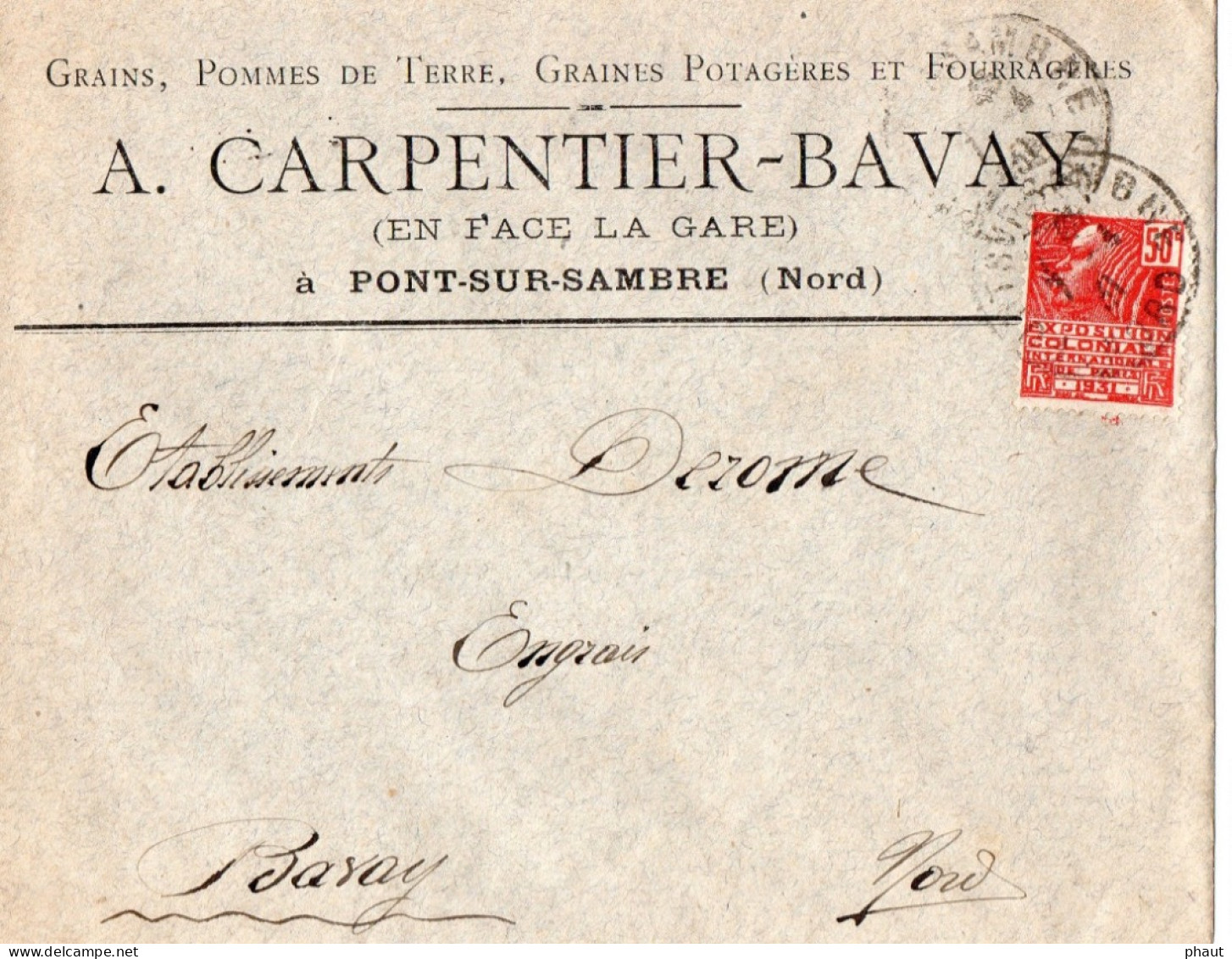 Enveloppe à En-Tête Grains Pommes De Terre CARPENTIER-BAVAY PONT Sur Sambre - 1921-1960: Modern Tijdperk