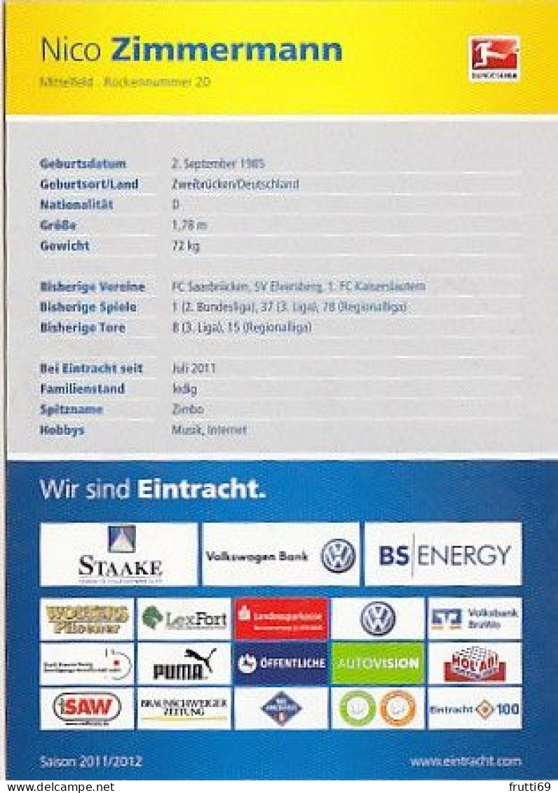 AK 215626 FOOTBALL / SOCCER / FUSSBALL - Eintracht Braunschweig - 2011 / 2012 - Nico Zimmermann - Football