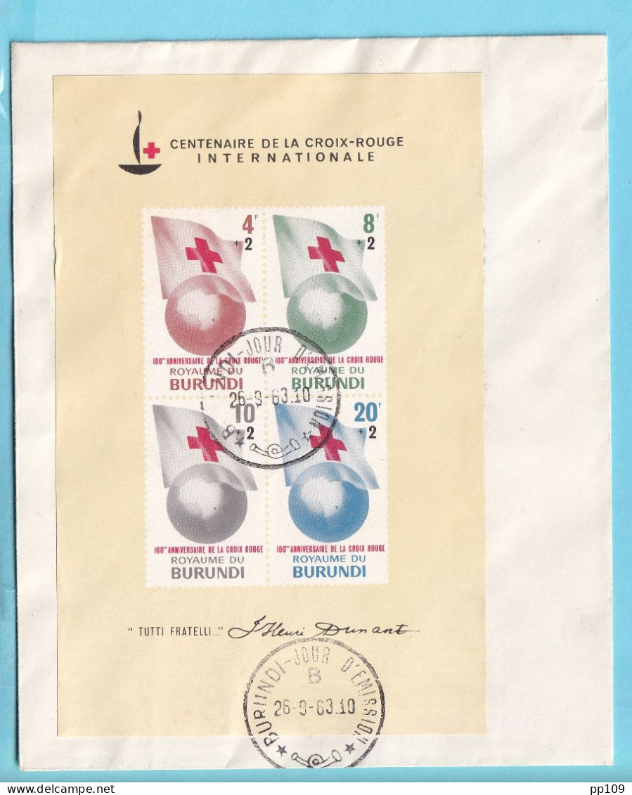 BURUNDI  FDC Premier Jour D'émission Centenaire CROIX ROUGE 26 IX 1963 Non Dentelé - FDC