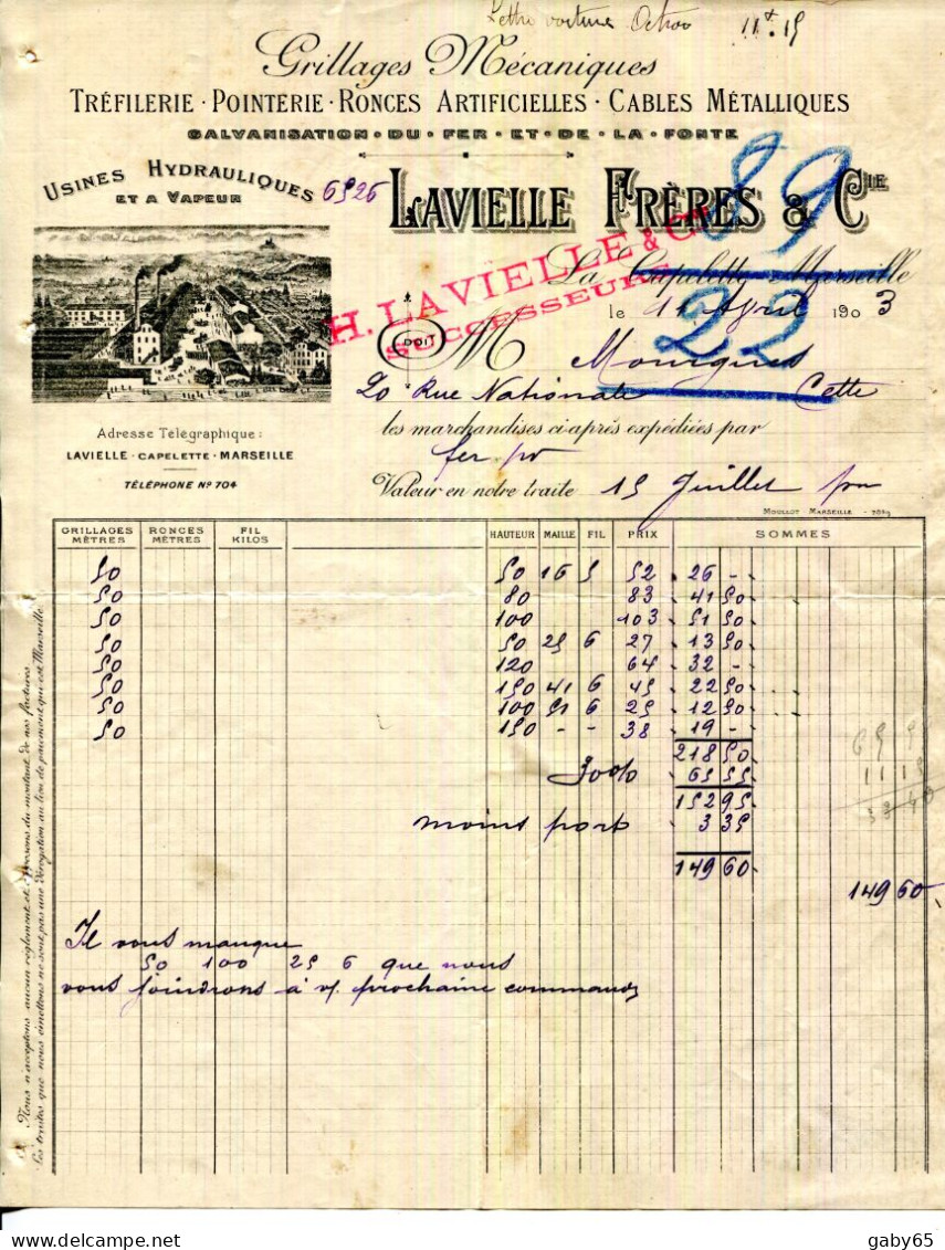 FACTURE.MARSEILLE-CAPELETTE..TRÉFILERIE.POINTERIE..GRILLAGES.LAVIEILLE FRERES & Cie.USINES HYDRAULIQUES & VAPEUR. - Andere & Zonder Classificatie