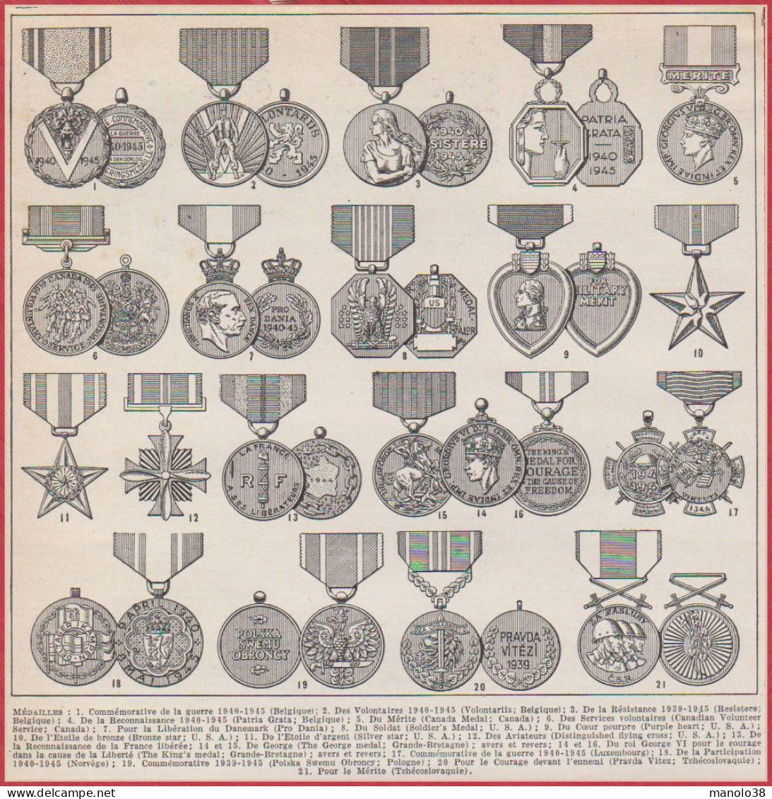 Médailles. Médaille Militaire. Belgique, Canada, Danemark, Etats Unis, France, Grande Bretagne Etc... Larousse 1948. - Historische Dokumente