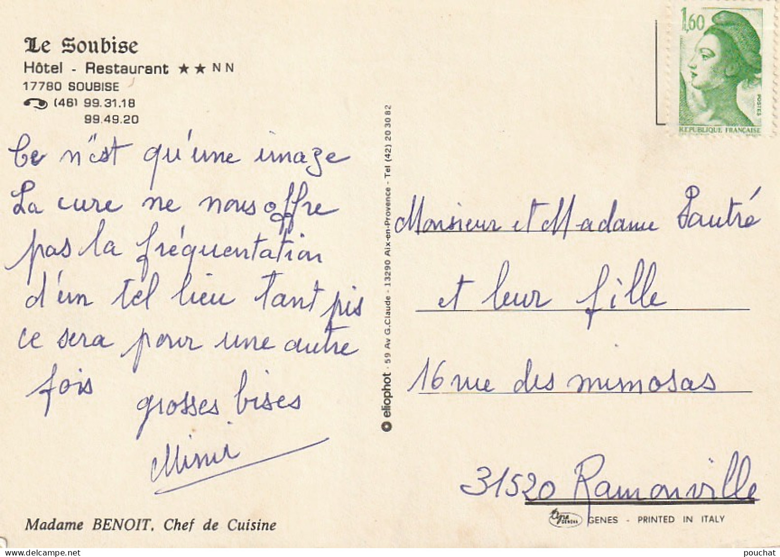 AL25 -(17) HOTEL  RESTAURANT   LE SOUBISE  - MADAME BENOIT , CHEF DE CUISINE  -  CARTE MULTIVUES COULEURS -  2 SCANS - Autres & Non Classés