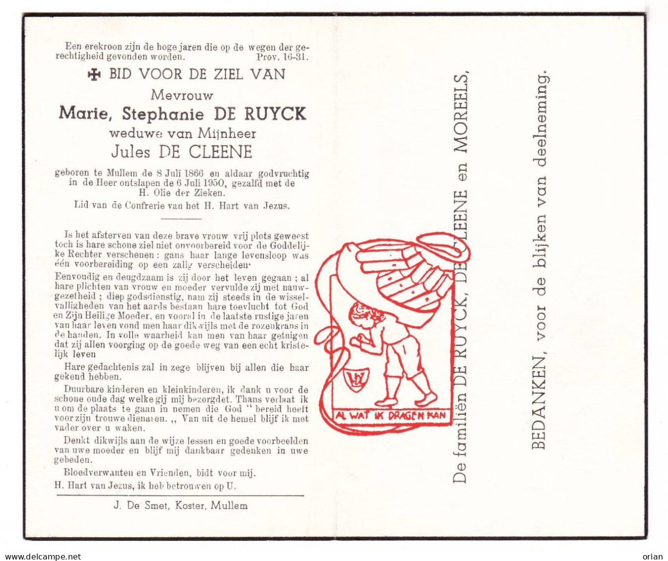 DP Marie Stephanie De Ruyck ° Mullem Oudenaarde 1866 † 1950 X Jules De Cleene // Moreels - Images Religieuses