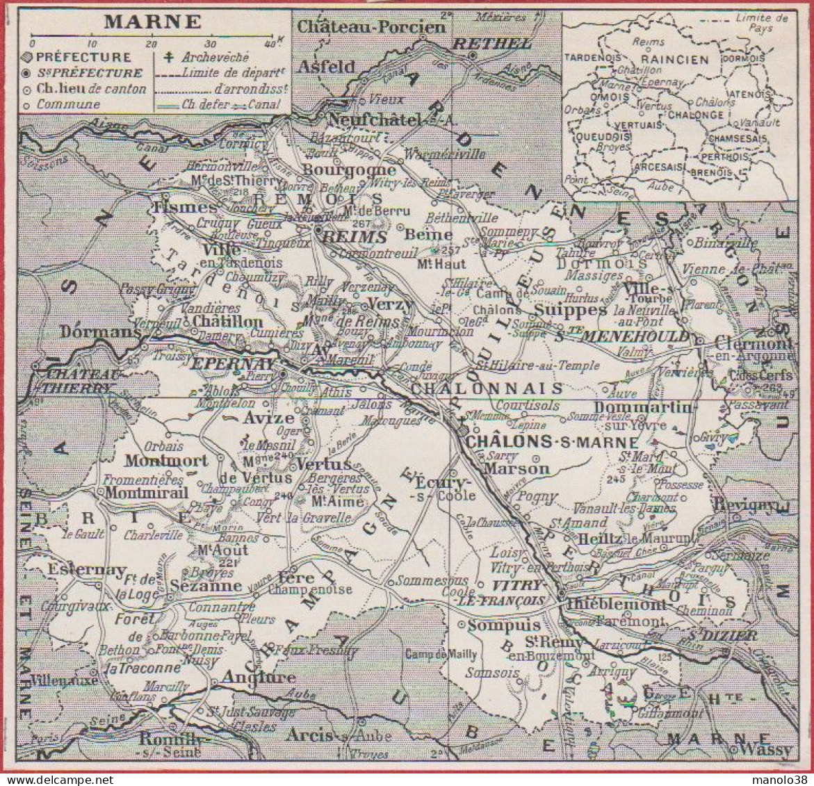 Carte Du Département De La Marne (51). Préfecture, Sous Préfecture, Chef Lieu .. Chemin De Fer. Larousse 1948. - Historische Documenten