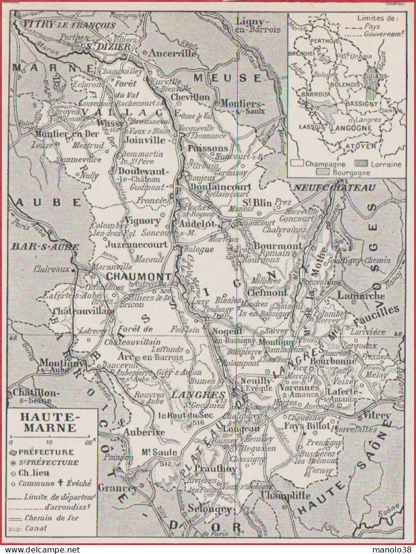 Carte Du Département De La Haute Marne (52). Préfecture, Sous Préfecture, Chef Lieu .. Chemin De Fer. Larousse 1948. - Documenti Storici