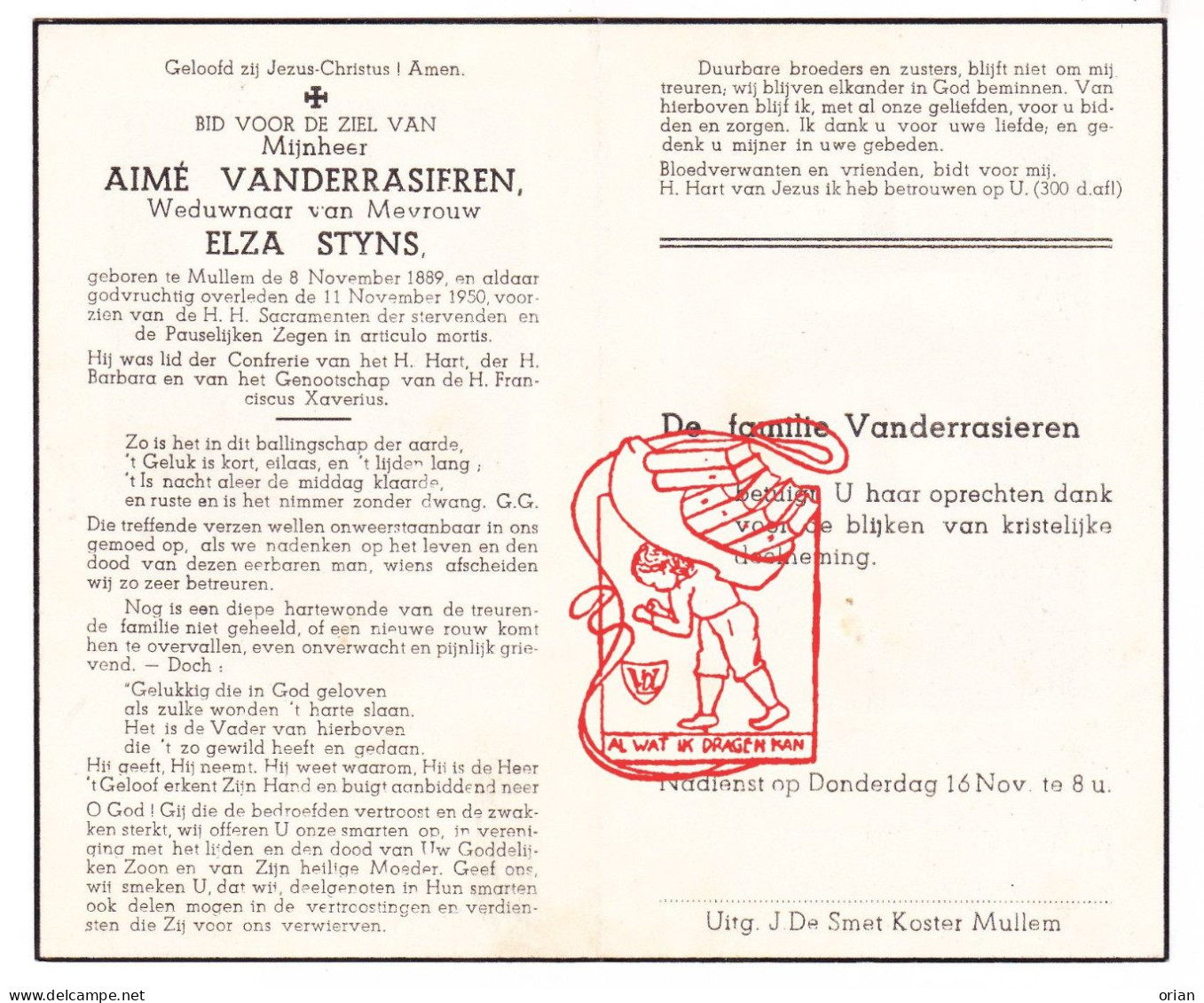 DP Aimé Vanderrasieren ° Mullem Oudenaarde 1889 † 1950 X Elza Styns // G. Gezelle - Images Religieuses