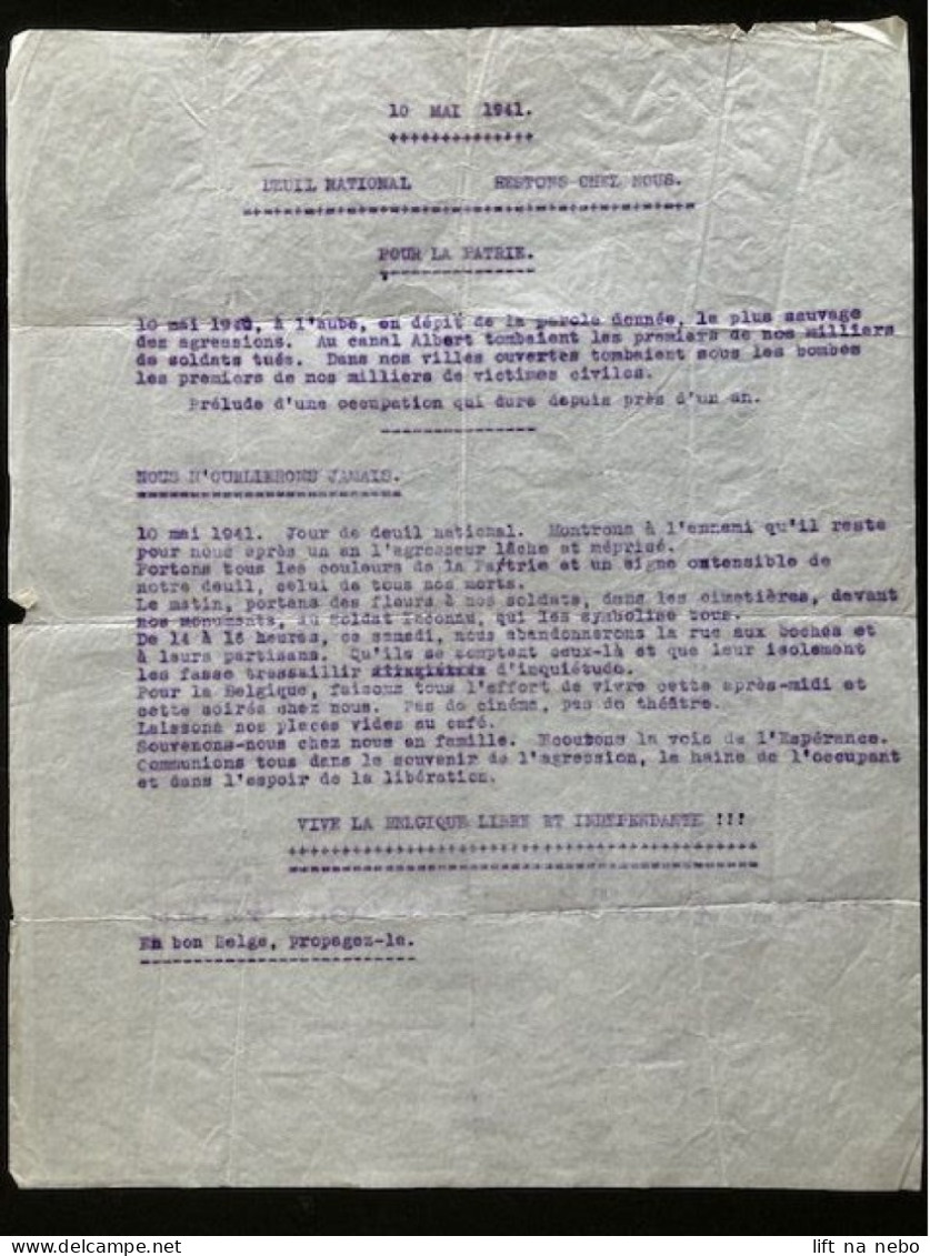 Tract Presse Clandestine Résistance Belge WWII WW2 '10 Mai 1941. Deuil National Restons Chez Nous. Pour La Patrie' - Documenti