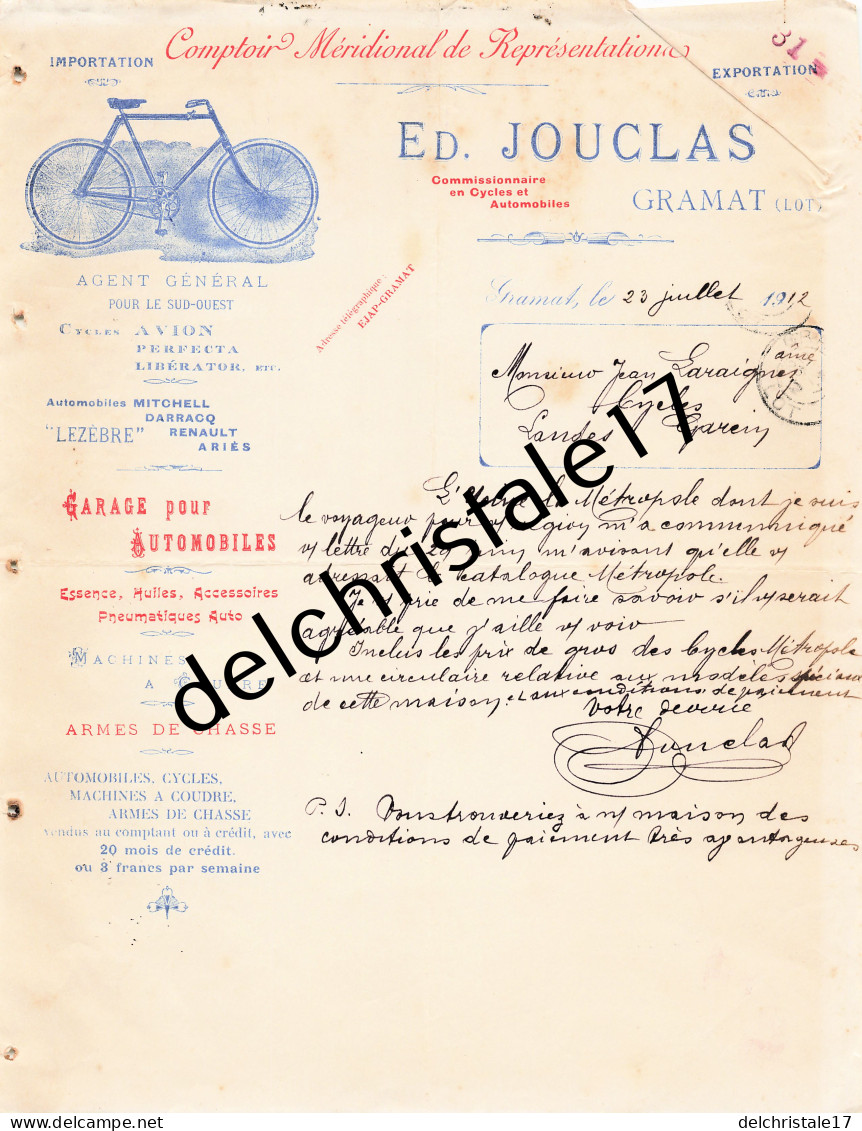 46 0030 GRAMAT LOT 1912 Garage Automobiles Cycles Armes Ed. JOUGLAS Marques AVION PERFECTA DARRACQ.. À LARAIGNEZ - Automovilismo