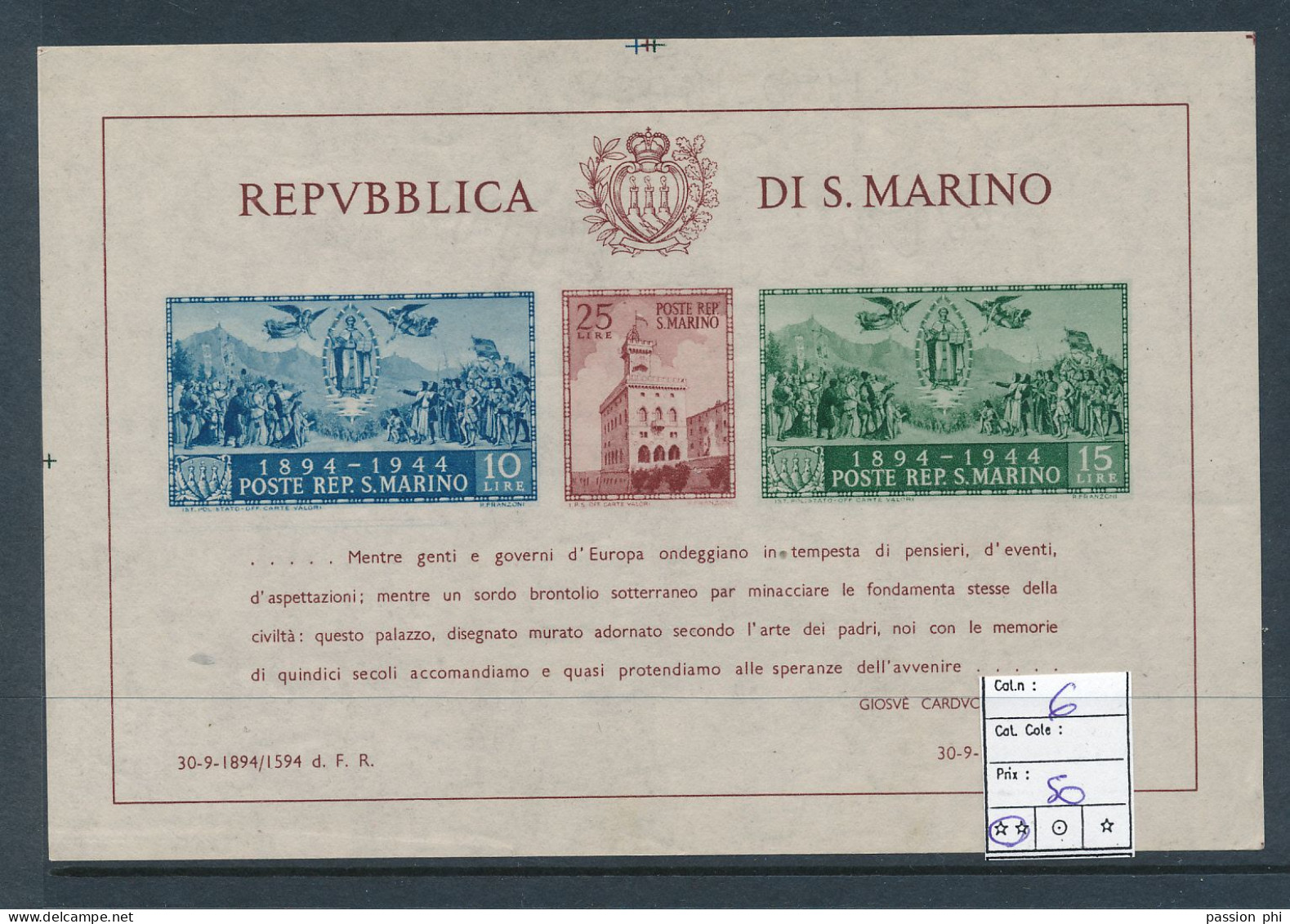 ST. MARINO SASSONE 6 IMPERFORATED MNH - Hojas Bloque