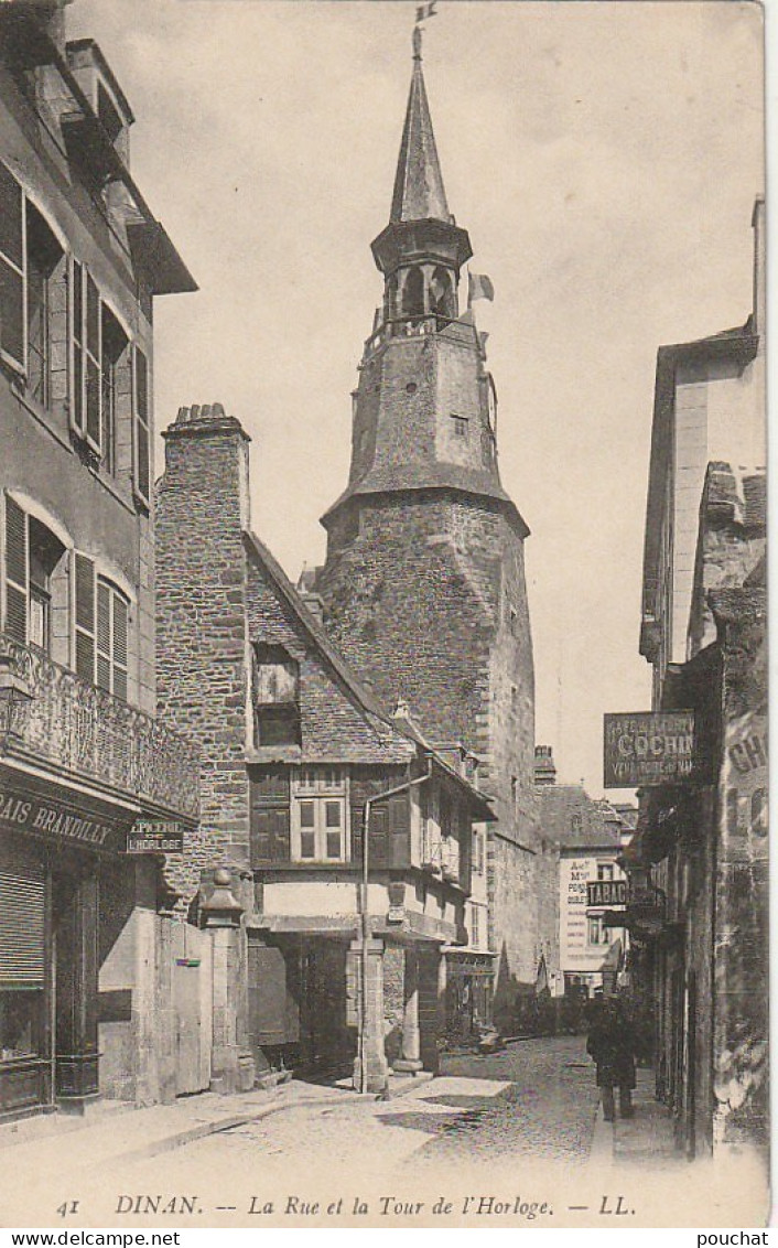 BE 8 -(22) DINAN - LA RUE ET LA TOUR DE L' HORLOGE  -  COMMERCES : CAFE , TABAC , EPICERIE  -  2 SCANS - Dinan