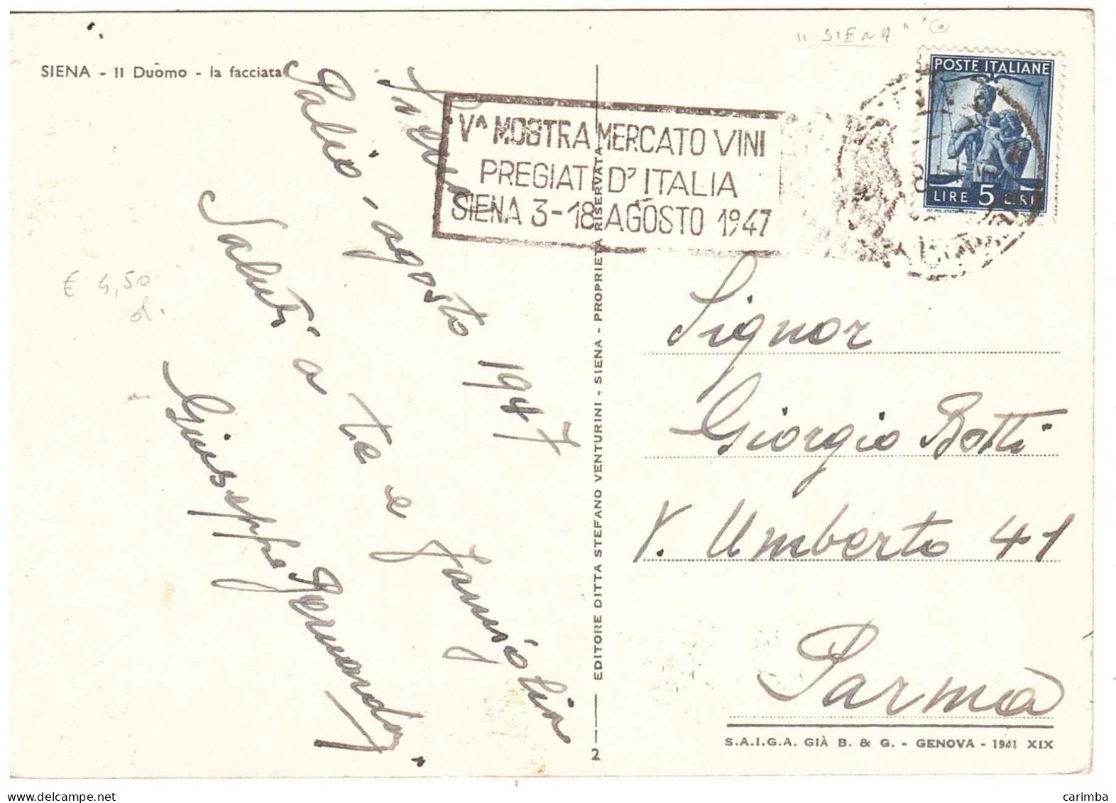 CARTOLINA SIENA DUOMO ANNULLO TARGHETTA MOSTRA MERCATO VINI - 1946-60: Poststempel