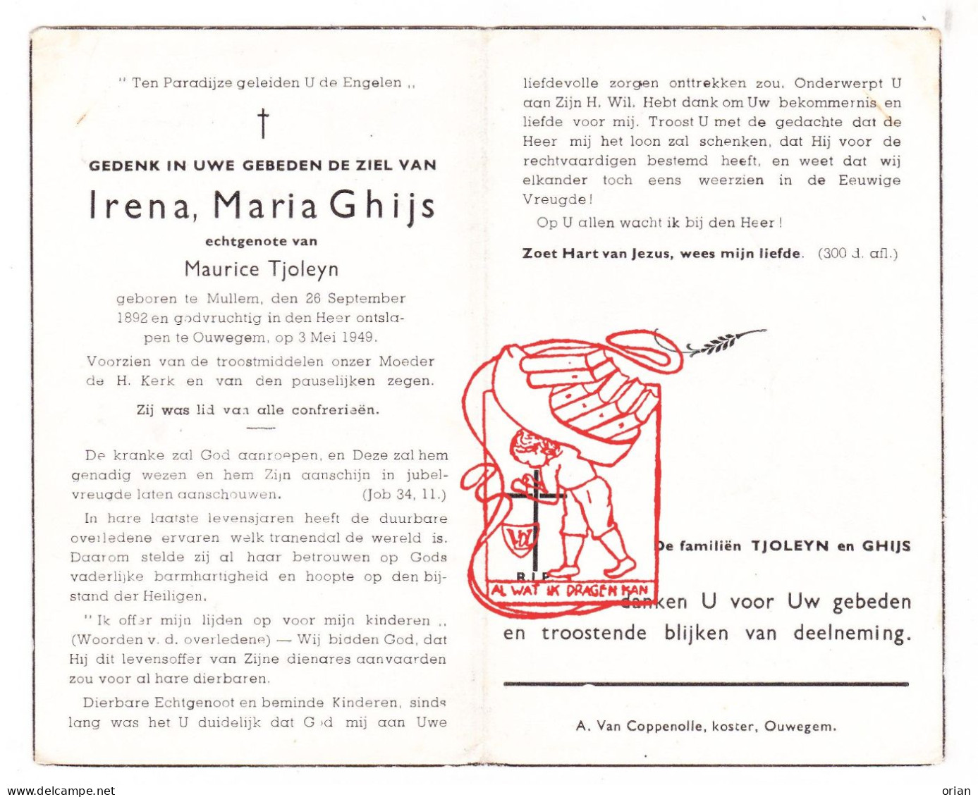 DP Irena Maria Ghijs ° Mullem Oudenaarde 1892 † Ouwegem Zingem 1949 X Maurice Tjoleyn - Images Religieuses