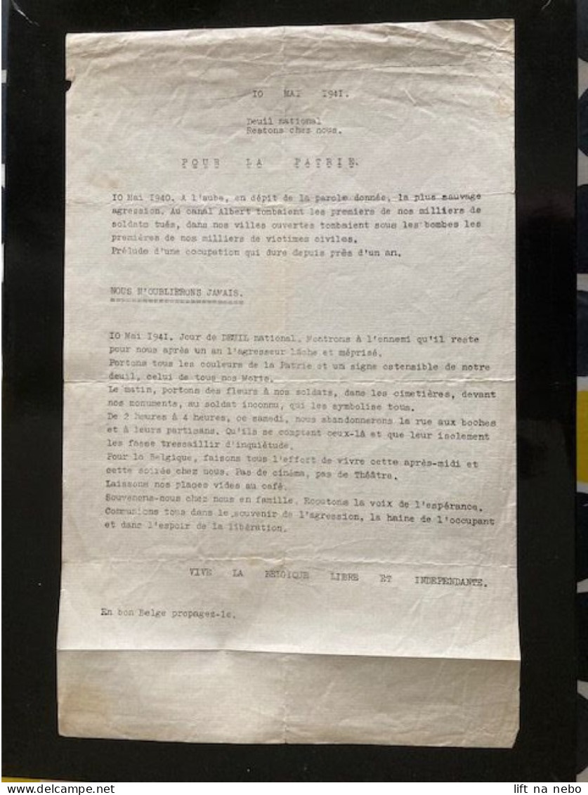 Tract Presse Clandestine Résistance Belge WWII WW2 '10 Mai 1941. Deuil National Restons Chez Nous. Pour La Patrie' - Documenti