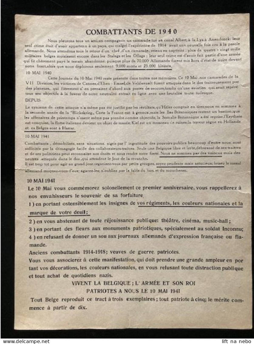 Tract Presse Clandestine Résistance Belge WWII WW2 'Combattants De 1940' - Documents