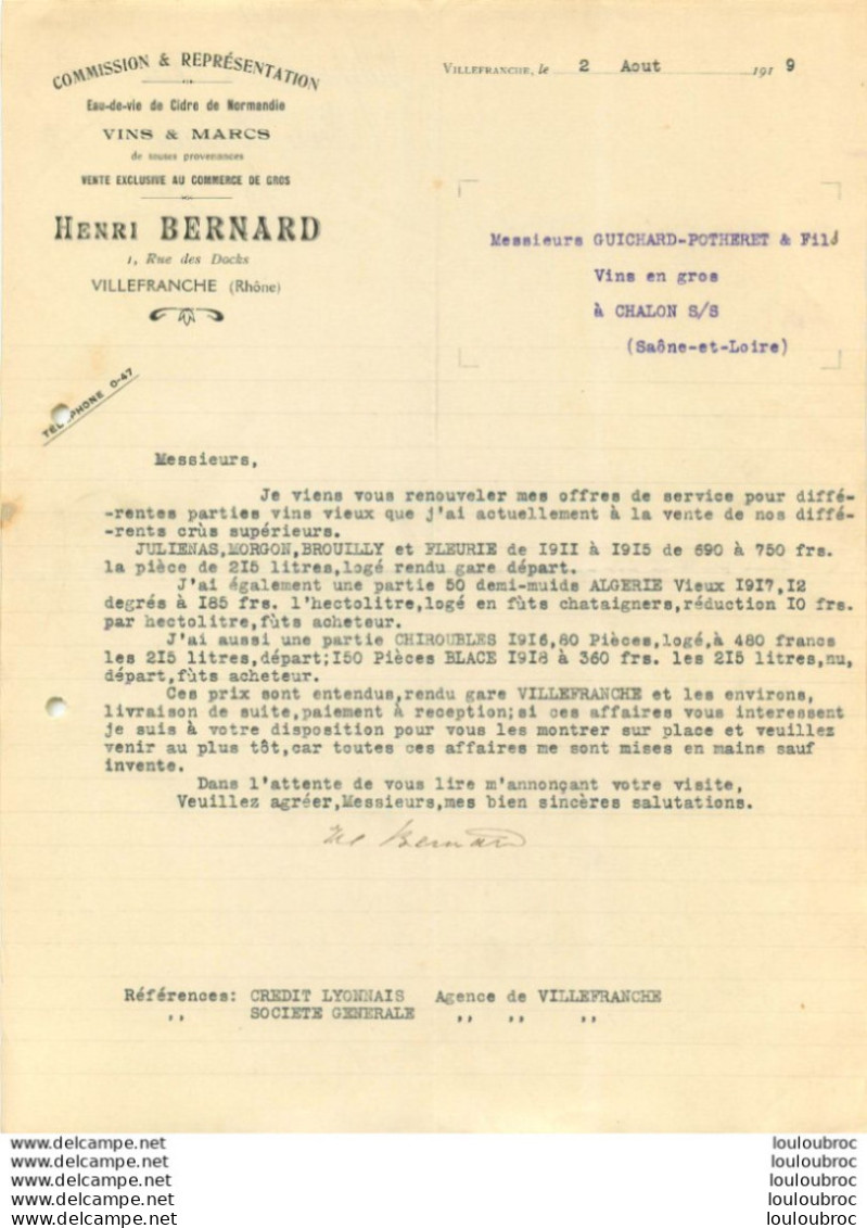 VILLEFRANCHE RHONE HENRI BERNARD COMMISSION ET REPRESENTATION  EAU DE VIE DE CIDRE 1919 - 1900 – 1949