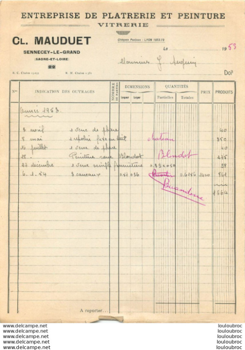 SENNECEY LE GRAND CL.  MAUDUET ENTREPRISE DE PLATRERIE ET PEINTURE 1953 - 1900 – 1949