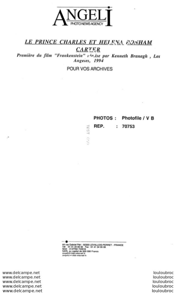 LE PRINCE CHARLES ET HELENA BONHAM CARTER 1994 PHOTO DE PRESSE AGENCE ANGELI  27X18CM - Personalità