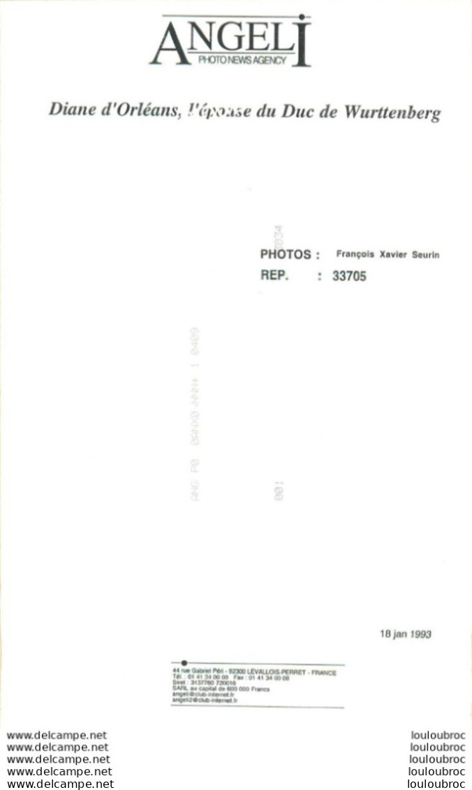 DIANE D'ORLEANS EPOUSE DU DUC DE WURTEMBERG 1993  PHOTO DE PRESSE AGENCE  ANGELI 27 X 18 CM R2 - Berühmtheiten