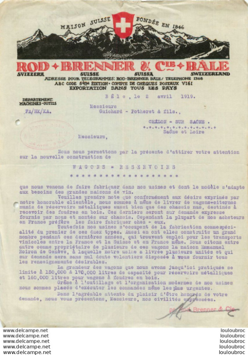 BALE ROD BRENNER ET CIE BALE  EXPORTATION 1919 - Schweiz