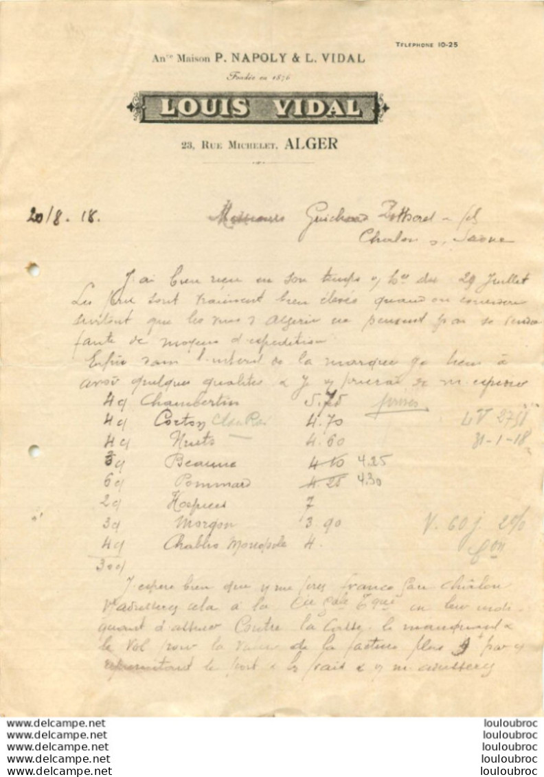 ALGER 1918 LOUIS VIDAL COMMANDE DE VIN - Otros & Sin Clasificación