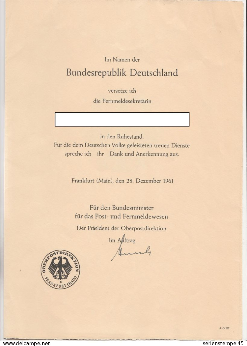 Urkunde Aus Frankfurt 1961 Von Für Den Bundesminister Für Das Post- Und Fernmeldewesen Ruhestand - Post