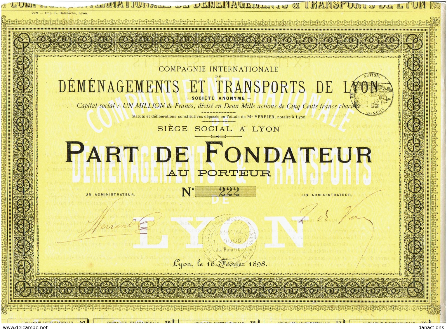 69-DEMENAGEMENTS ET TRANSPORTS DE LYON. CIE INTERNATIONALE DE ...  P F   1898  Lot De 2 - Altri & Non Classificati