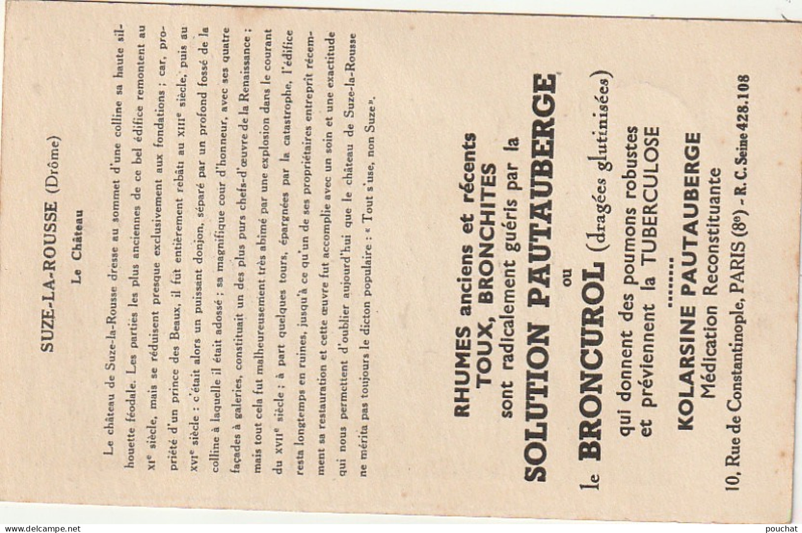 BE20 -(26) SUZE LA ROUSSE - LE CHATEAU -  CARTE COLORISEE - PUBLICITE  PHARMACEUTIQUE  SOLUTION PATAUBERGE - 2 SCANS  . - Autres & Non Classés