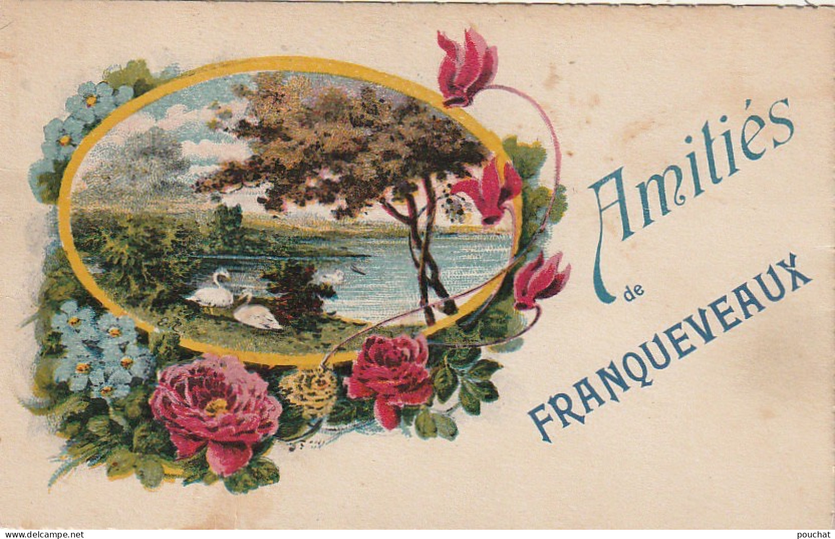 CE15 -(30)  AMITIES DE FRANQUEVEAUX  -  FRANQUEVAUX ? -  PAYSAGE AVEC CYGNES DANS  CADRE ENTOURE DE FLEURS    -  2 SCANS - Andere & Zonder Classificatie