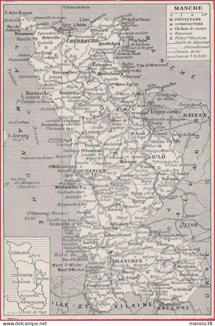 Carte Du Département De La Manche (50). Préfecture, Sous Préfecture, Chef Lieu ... Chemin De Fer. Larousse 1948. - Historical Documents